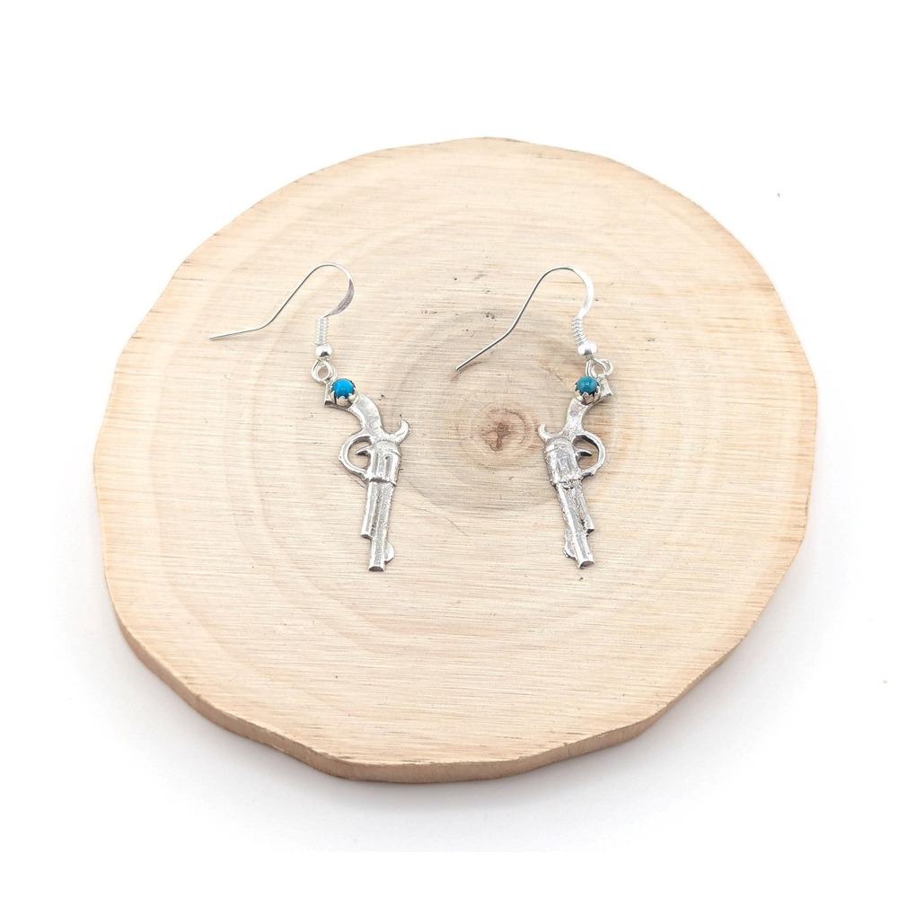 Handmade Navajo Sterling Silver Gun w/ Turquoise Dangle Earrings Western Style** - Picture 4 of 11
